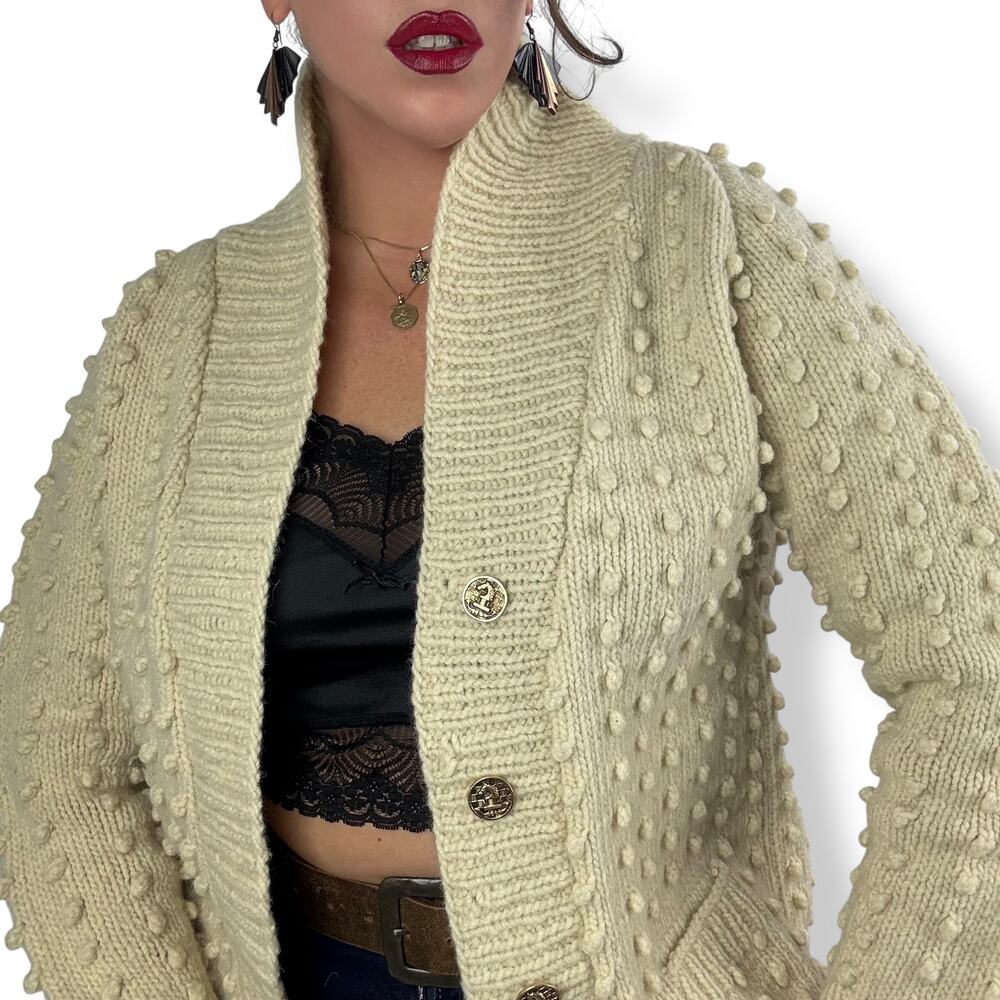 1970's cream pure natural Portuguese wool hand knit open cardigan - Picture 2 of 16